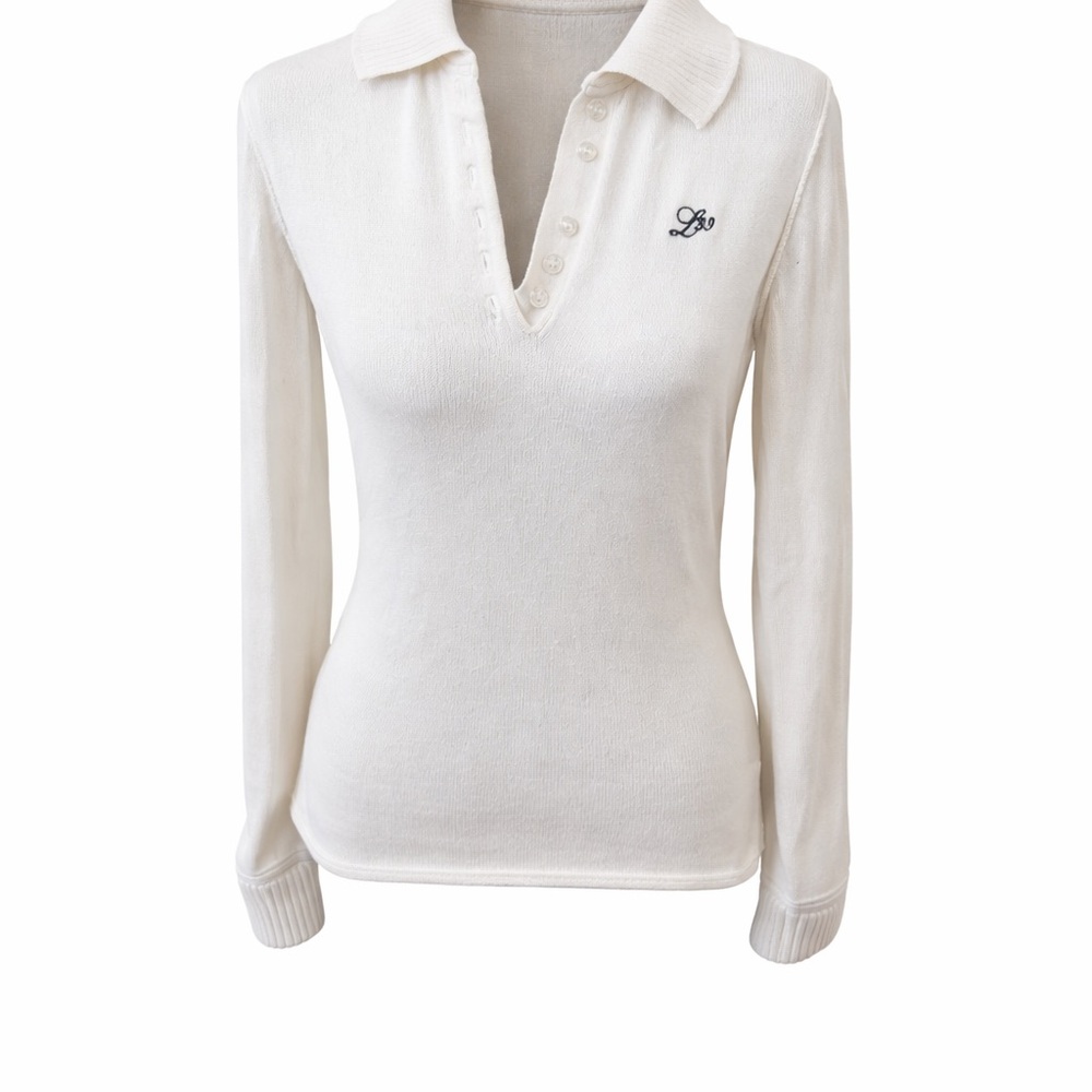 Level 99 White Ribbed Collared Henley Knit Top Long Sleeve Y2K